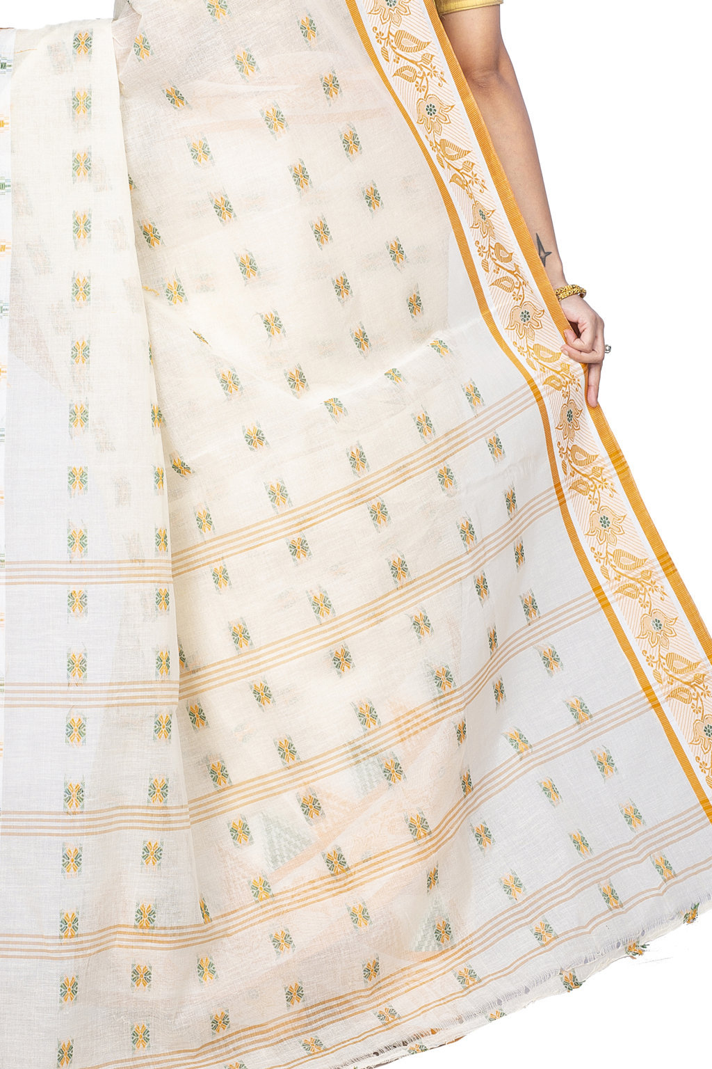 Yellow Pure Cotton Alkari Tant Saree (177)